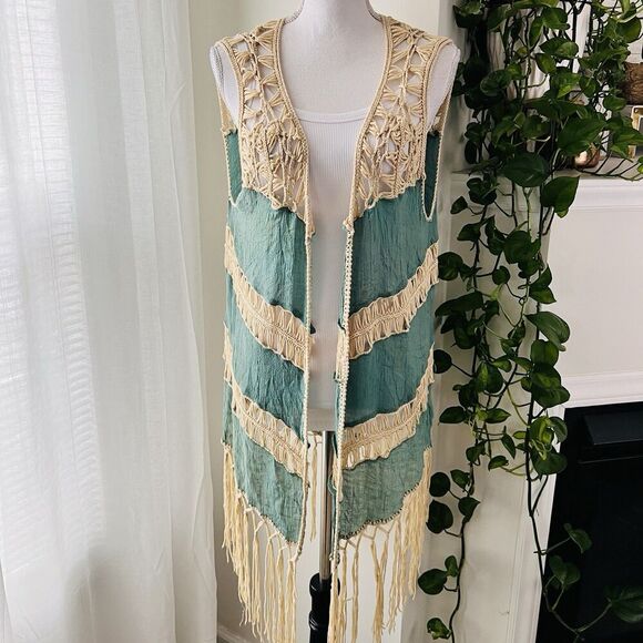 Papaya Blue & Cream Lacy Fringe Boho Hippie Gypsy Cardigan Festival Concert Med - Picture 3 of 11